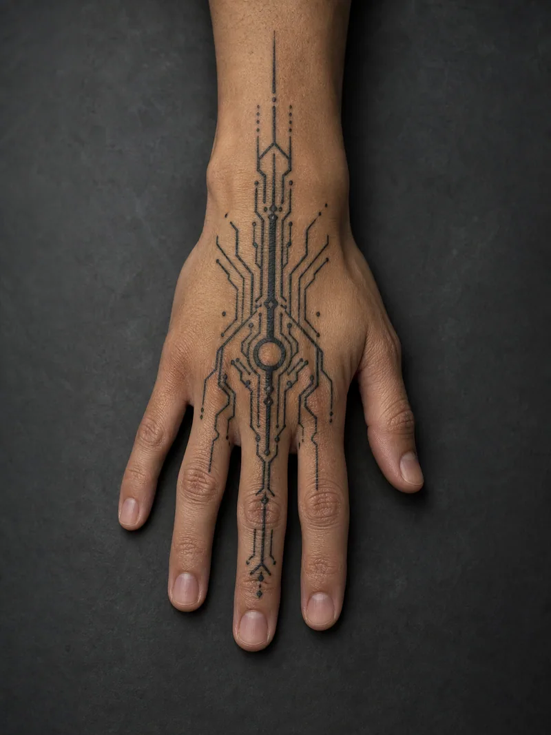 Cyber-sigil hand tattoo - Sharp symmetrical marks form a continuous vertical hand piece.
