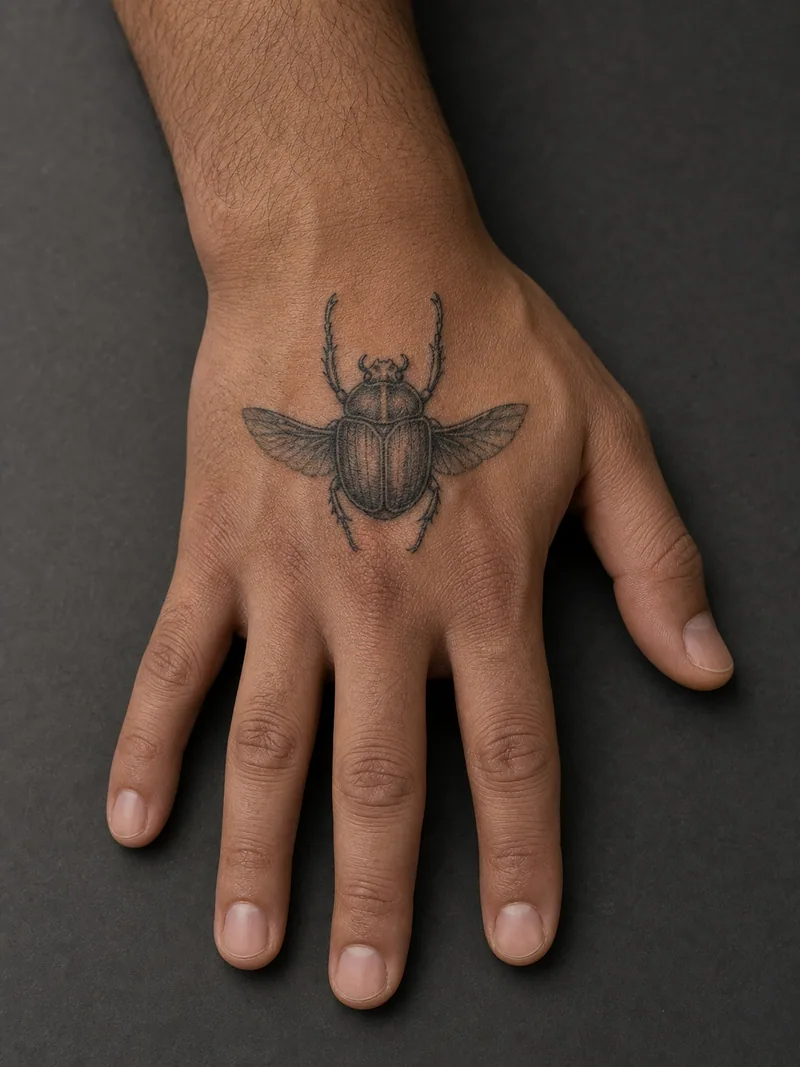 Scarab hand tattoo - An engraved scarab keeps fine detail inside a compact silhouette.
