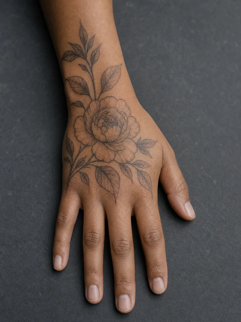 Peony hand tattoo - A peony opens from the wrist and curves across one side of the hand.