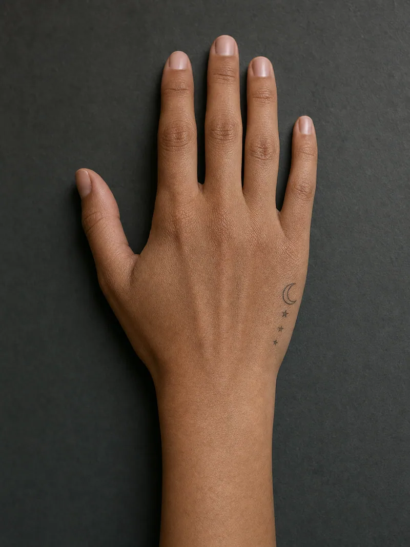 Tiny moon hand tattoo - A crescent and three dots sit discreetly below the little finger.