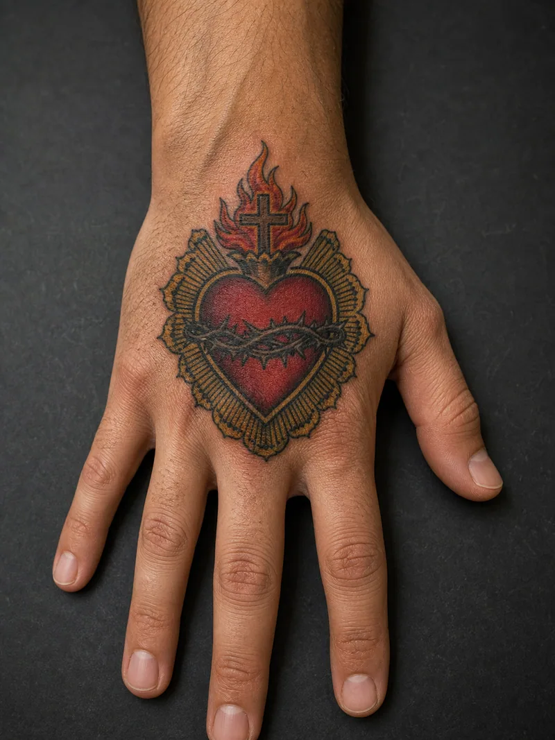 Sacred heart hand tattoo - A framed red heart creates a compact traditional centerpiece.