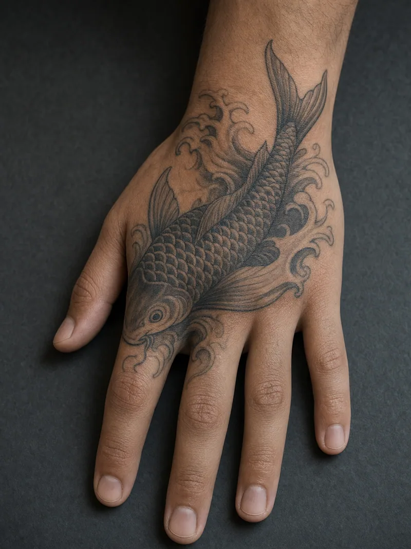 Koi hand tattoo - A koi swims diagonally through small wave curls toward the wrist.