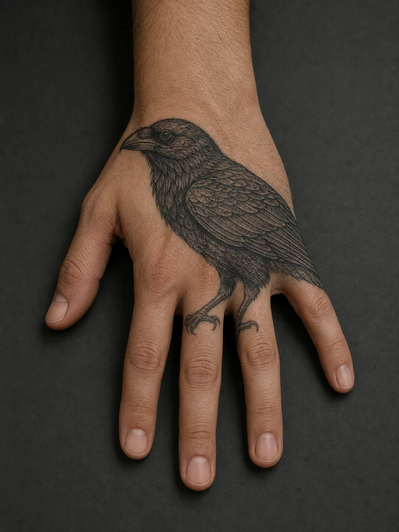 Raven hand tattoo - Dense feather hatching gives a side-view raven a graphic silhouette.