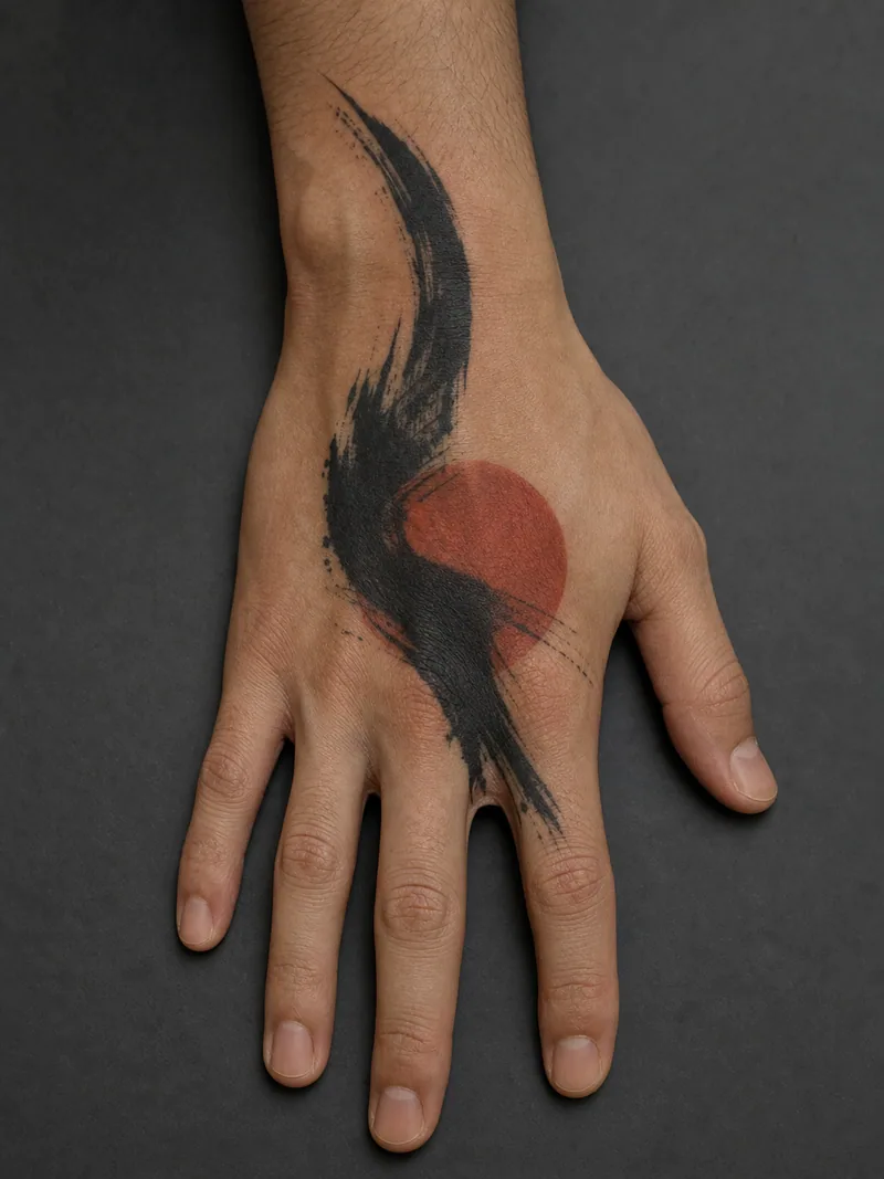 Abstract brush hand tattoo - One black gesture crosses a rust-red circle with deliberate open skin.