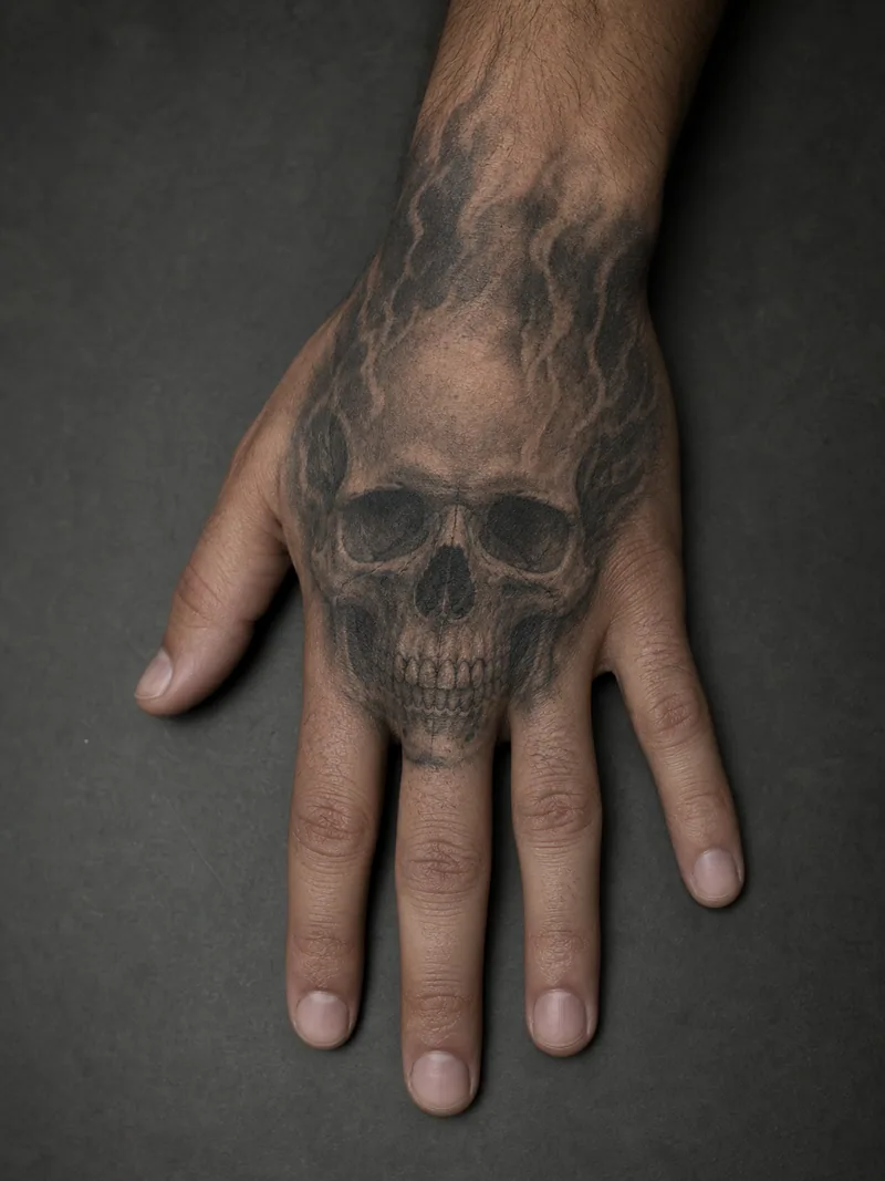 Skull hand tattoo - A non-graphic skull follows the hand from wrist to knuckles.