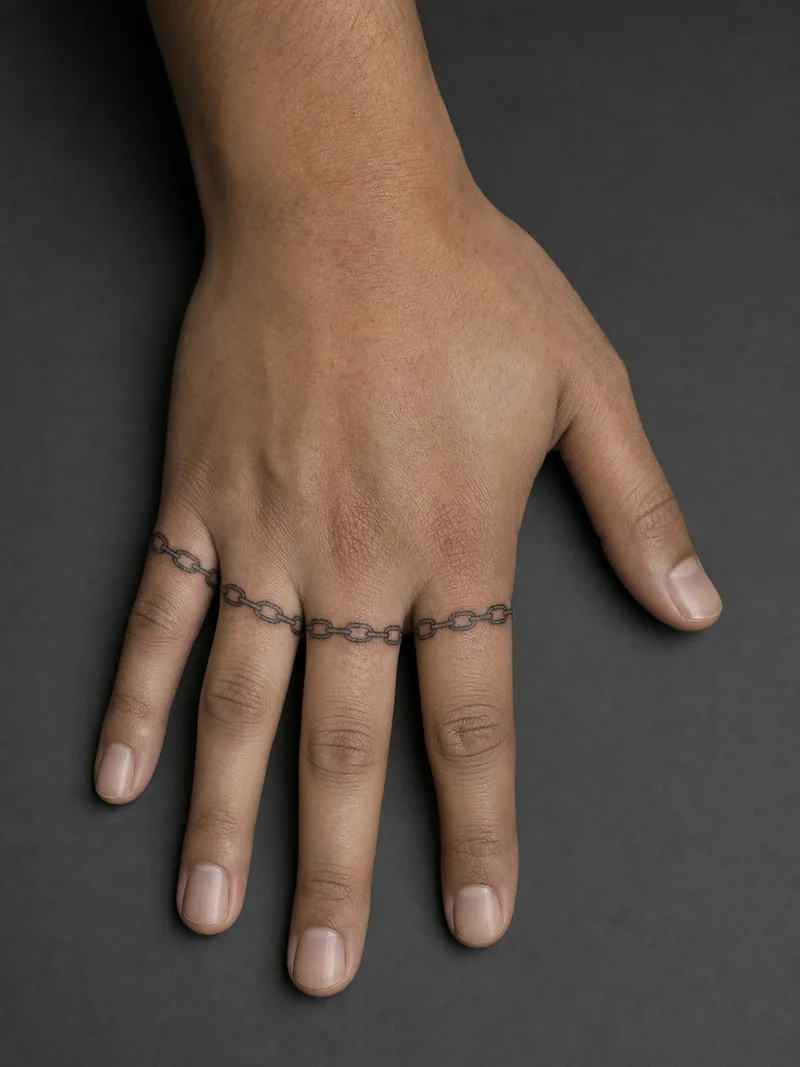 Chain knuckle tattoo - Small linked loops form a light horizontal band above four fingers.