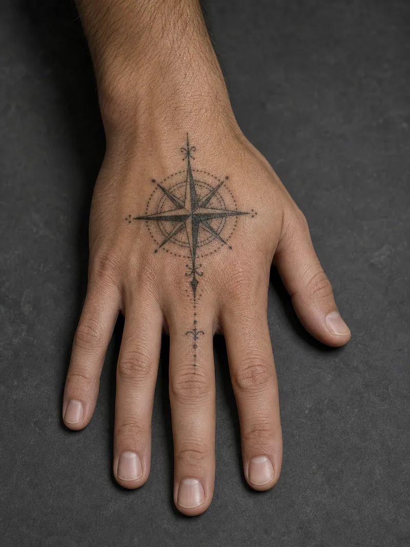 Compass hand tattoo - A compact compass rose points toward the middle finger.