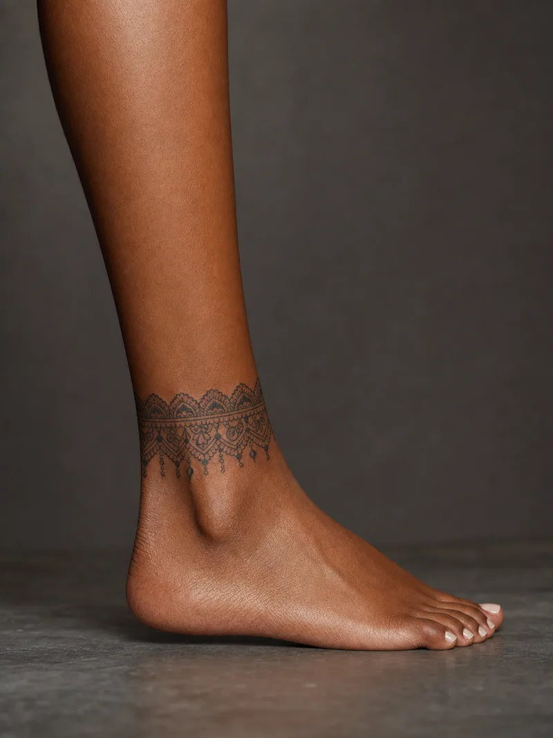 Ornamental ankle tattoo - symmetrical lace-inspired cuff with filigree and fine dotwork details