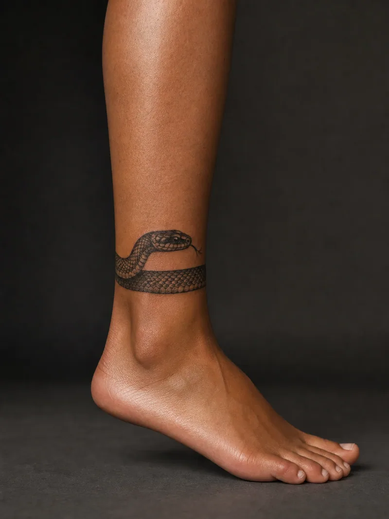 Snake ankle tattoo - scaled snake winding once around the ankle with its head visible at the side