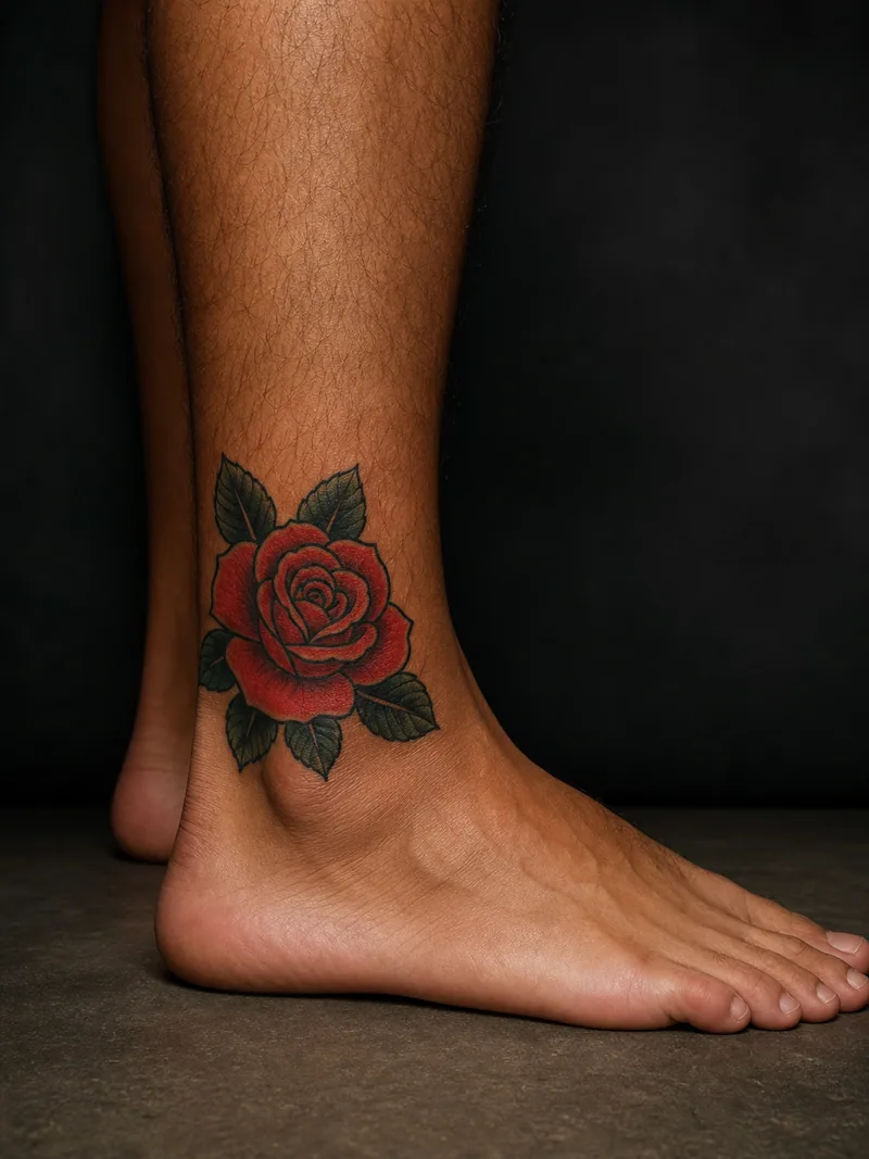 Rose ankle tattoo - classic red rose and dark green leaves with bold traditional outlines