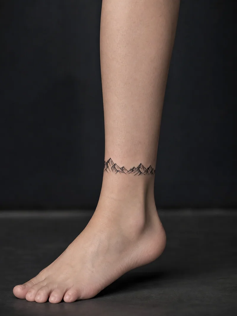 Mountain ankle tattoo - clean mountain ridge forming a narrow panoramic band around the ankle