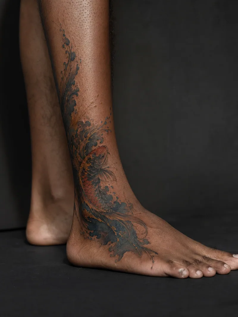 Koi ankle tattoo - koi and flowing waves rising from the ankle in painterly colour