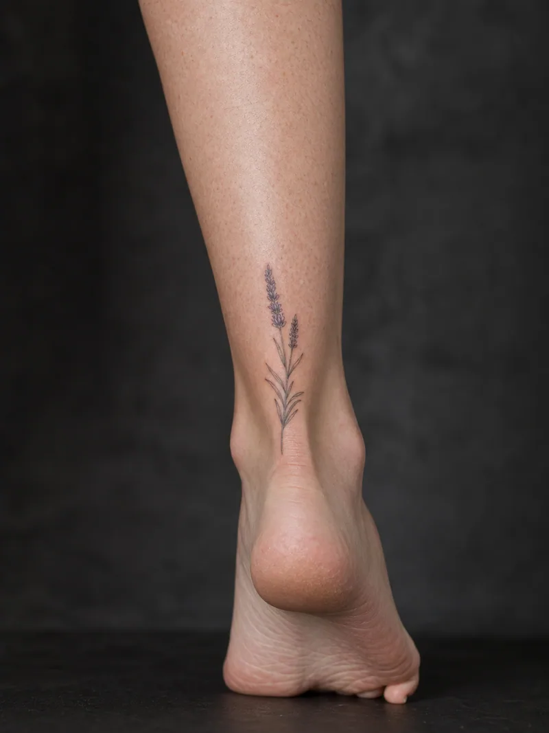 Lavender ankle tattoo - vertical lavender sprig following the line above the heel