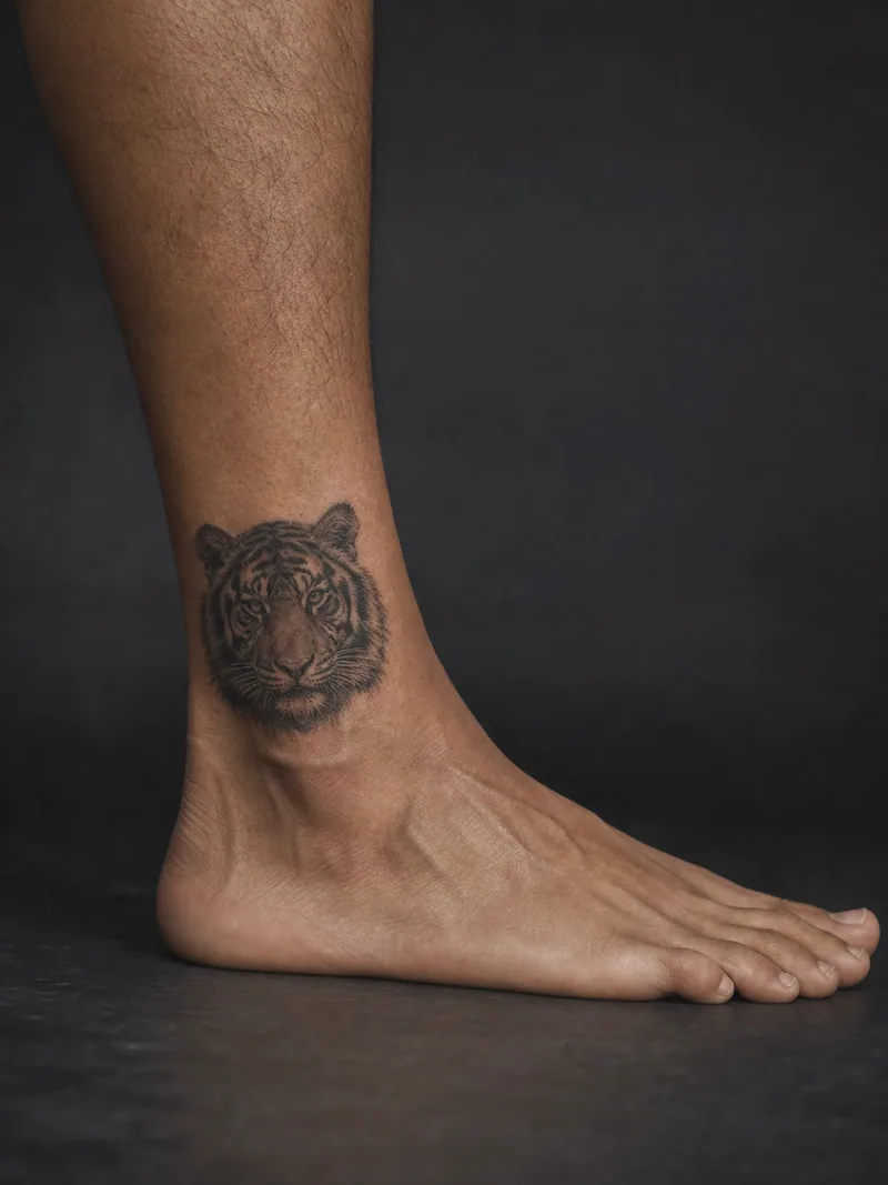 Tiger ankle tattoo - compact tiger portrait with focused eyes and controlled soft shading