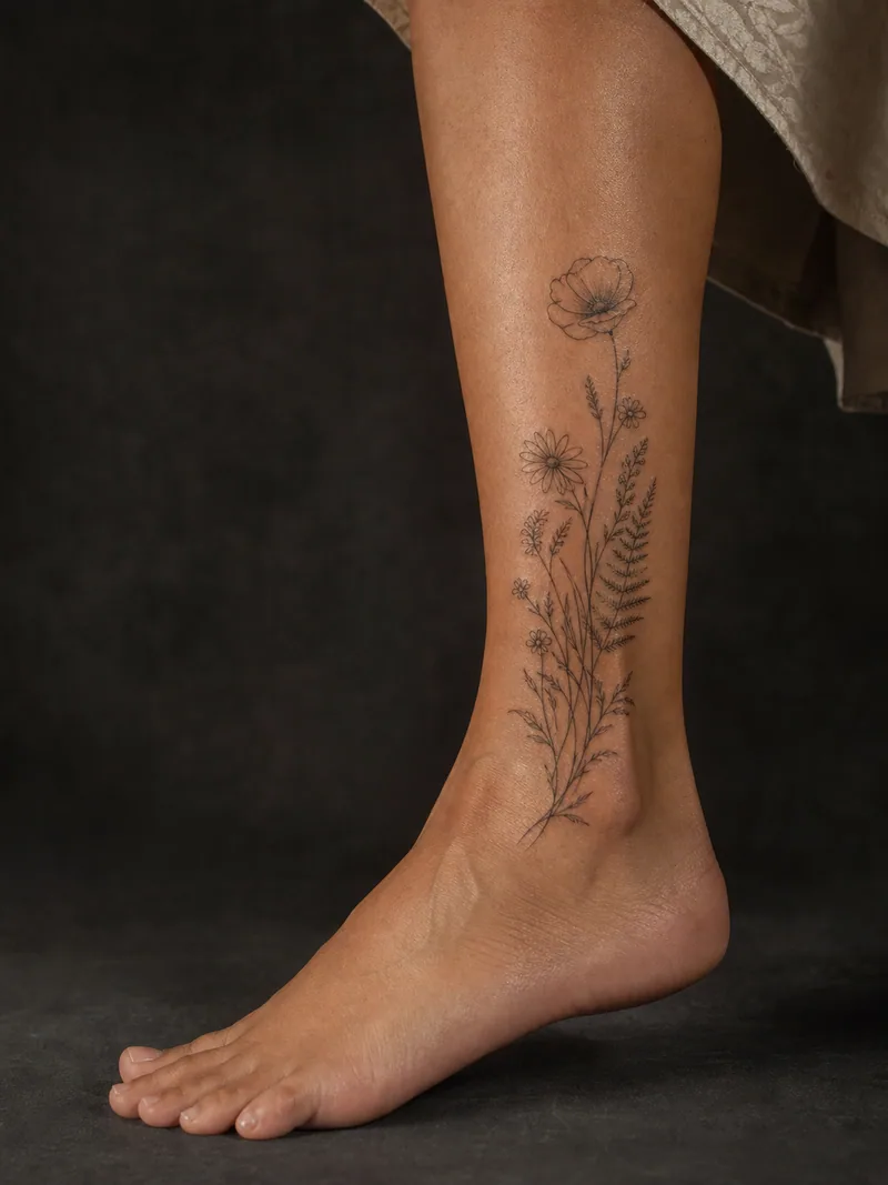Wildflower ankle tattoo - poppy, daisy and fern growing upward in an airy botanical bouquet