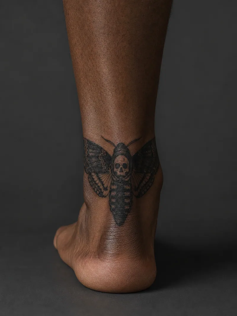 Moth ankle tattoo - symmetrical death's-head moth centred above the heel