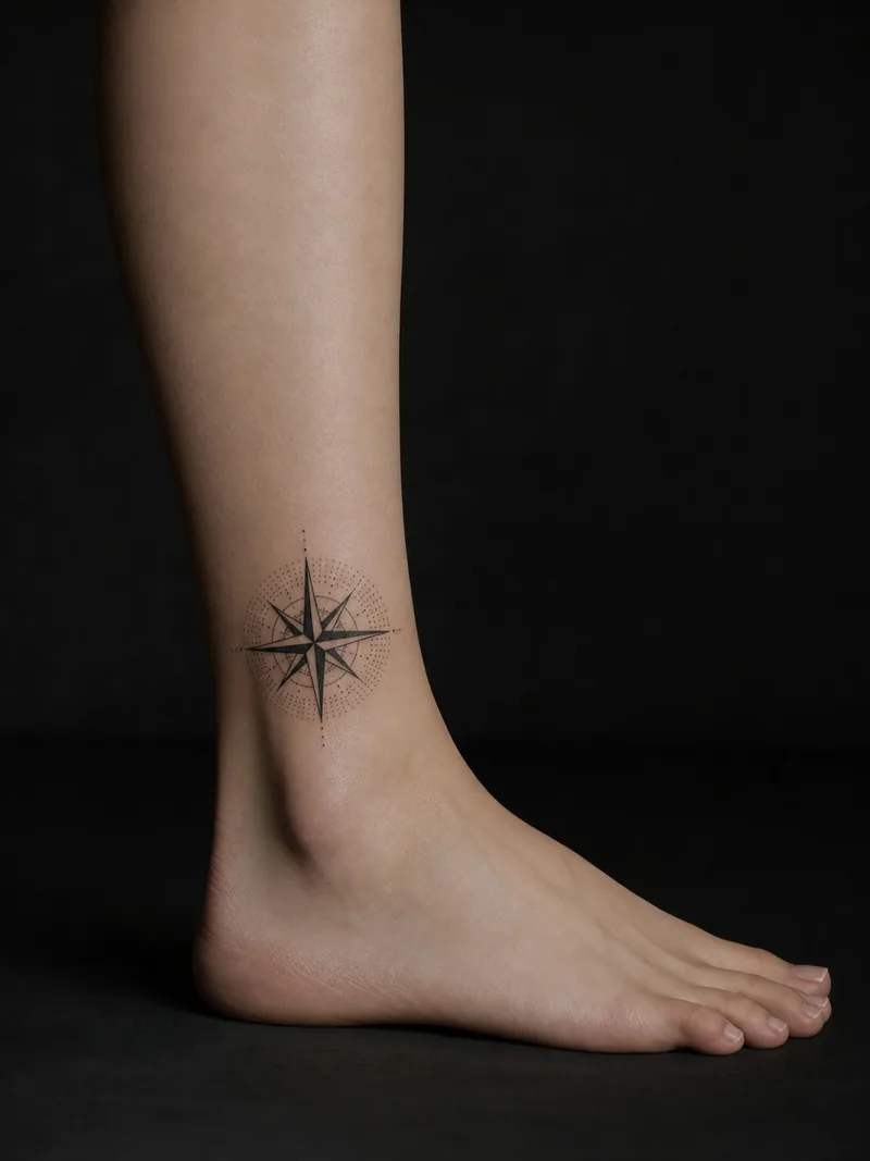 Compass ankle tattoo - precise compass rose surrounded by a restrained dotwork halo