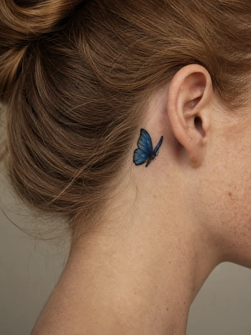 Butterfly behind ear tattoo - small blue butterfly resting between the ear and hairline