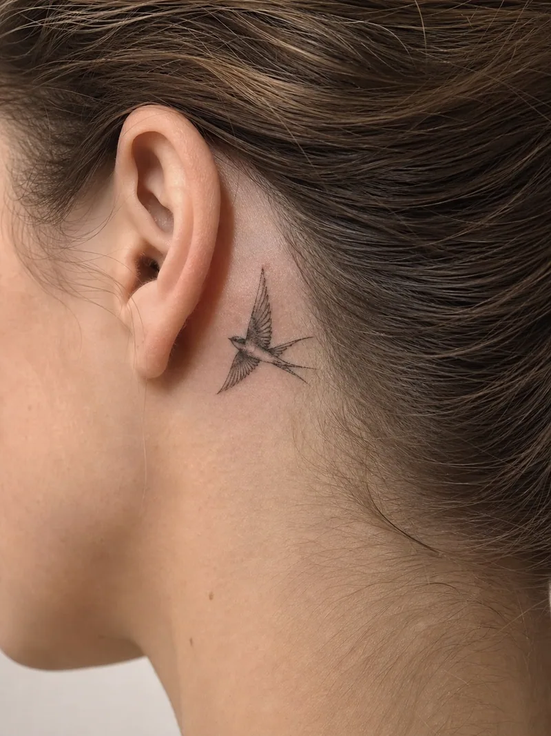Swallow behind ear tattoo - small swallow in flight angled naturally toward the hairline