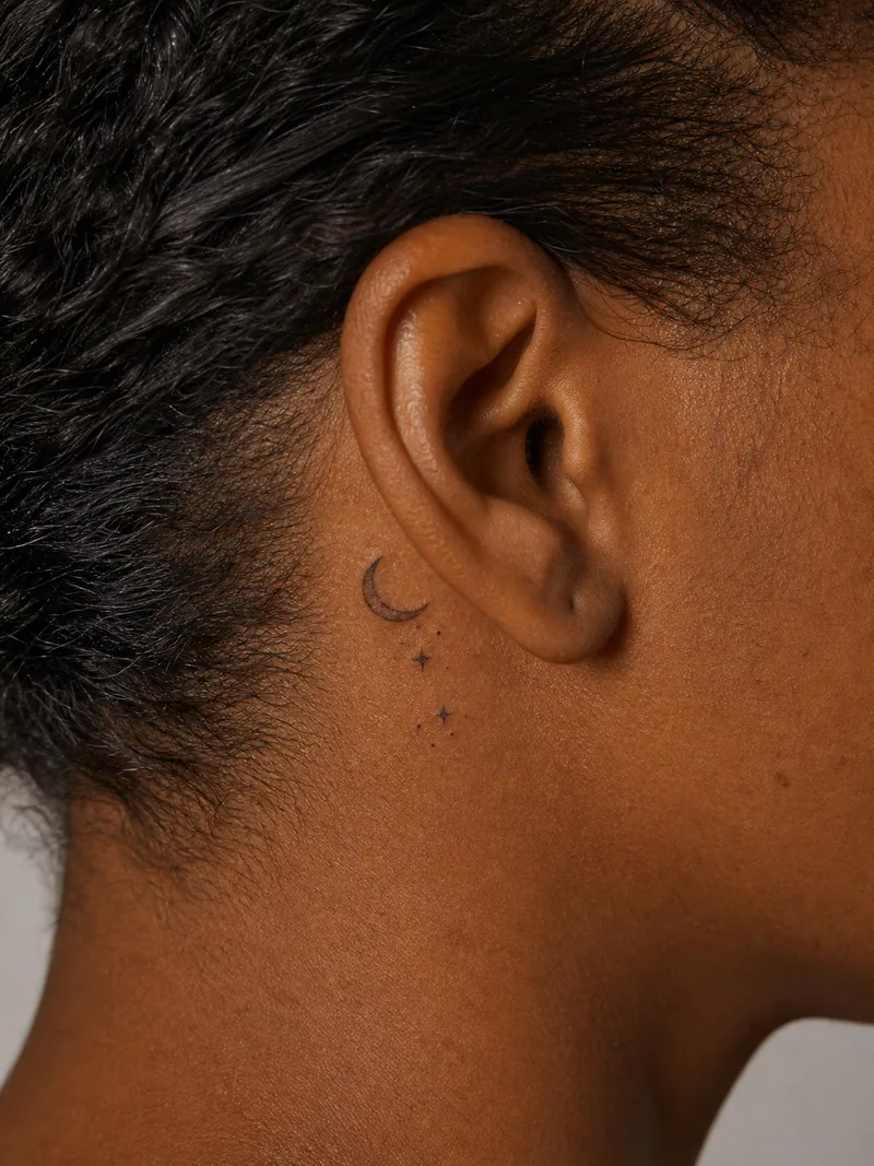 Moon behind ear tattoo - tiny crescent moon with two stars and sparse dots below the ear