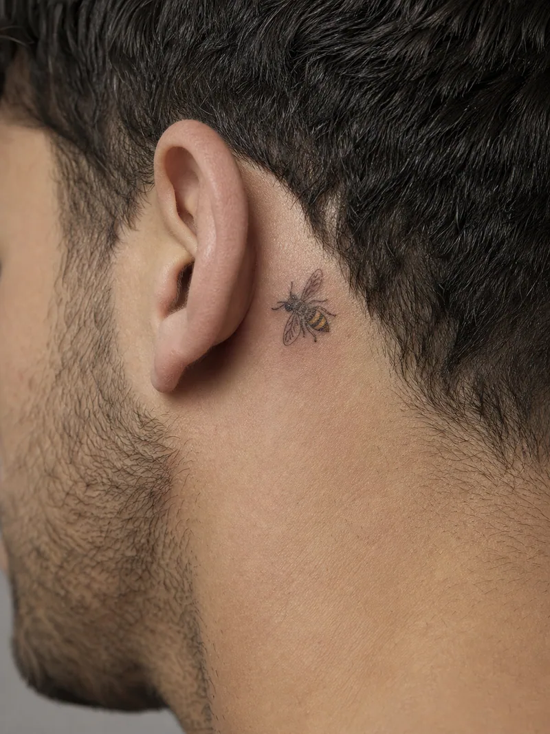 Bee behind ear tattoo - small detailed honey bee angled gently toward the hairline