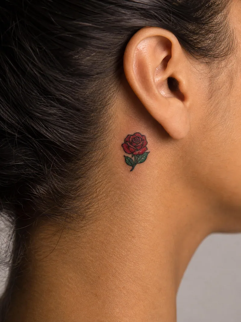 Rose behind ear tattoo - compact red rose with two green leaves and a crisp dark outline