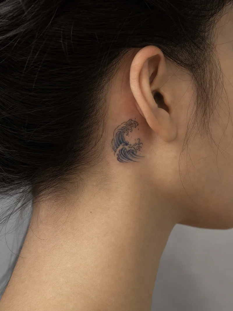 Wave behind ear tattoo - small curling indigo wave with fine foam details
