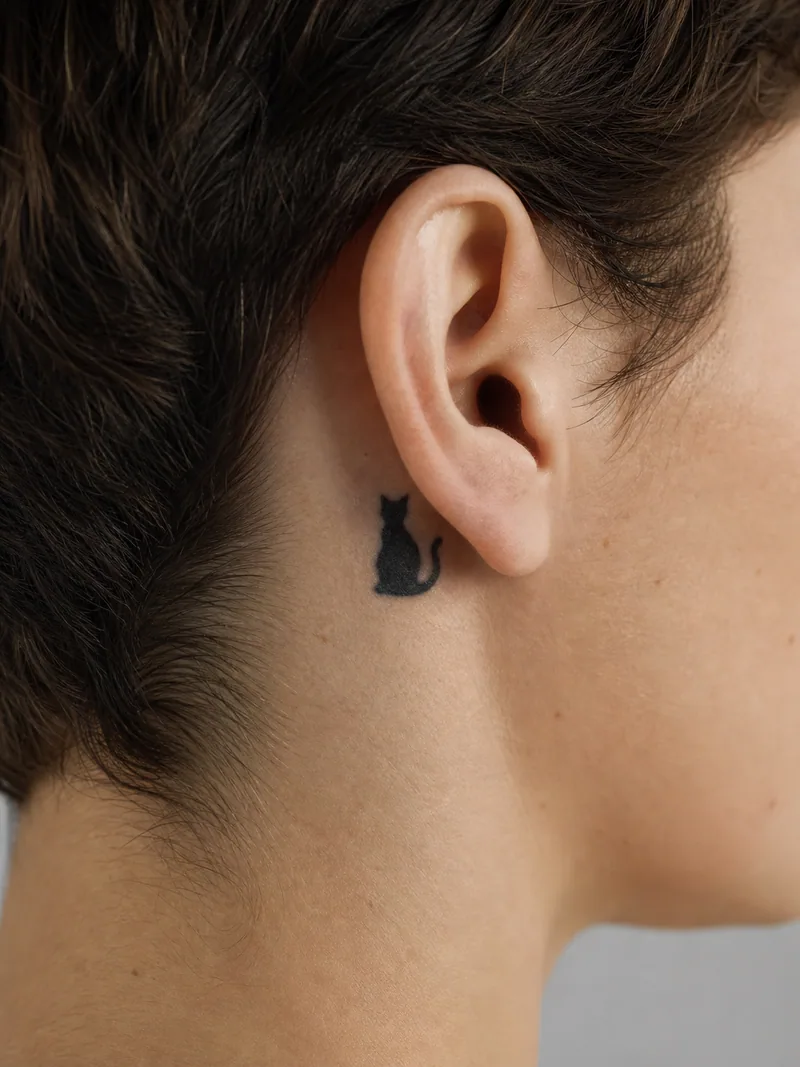 Cat behind ear tattoo - small seated cat silhouette with a gently curved tail