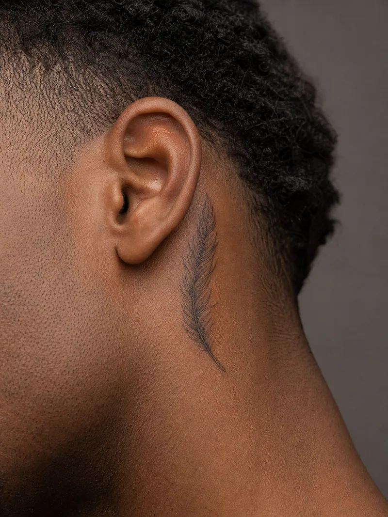 Feather behind ear tattoo - airy feather following the vertical curve toward the neck