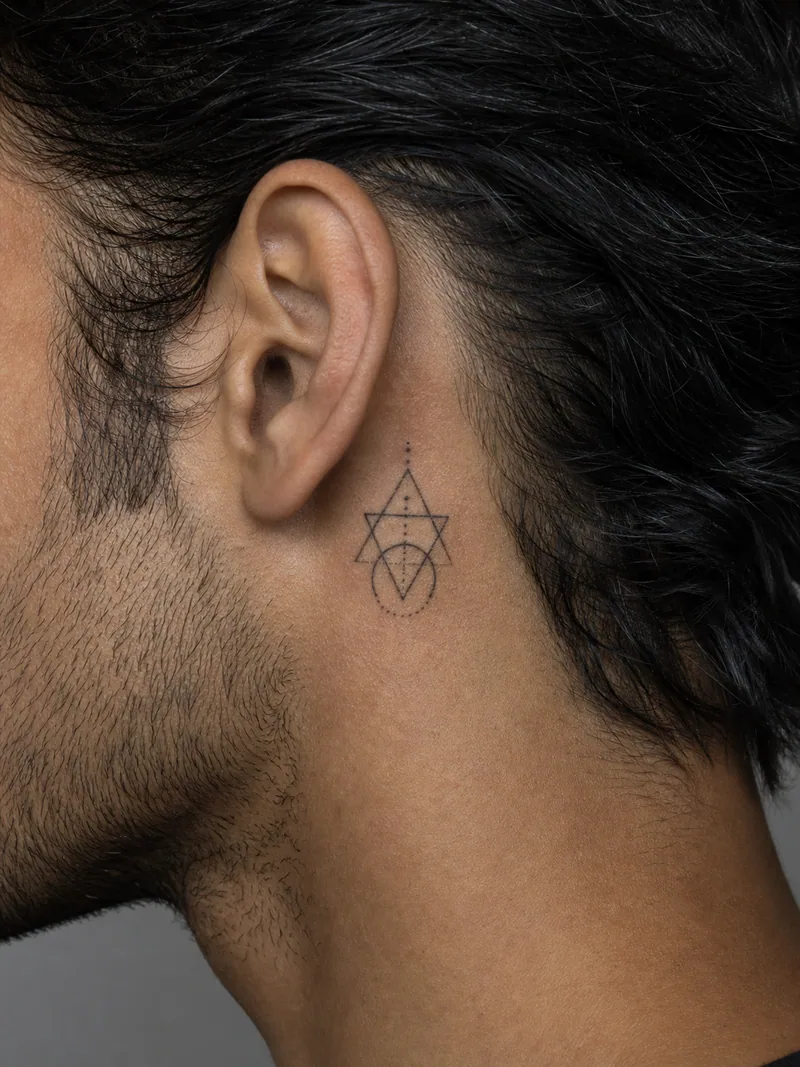 Geometric behind ear tattoo - precise triangle and circle composition finished with sparse dotwork