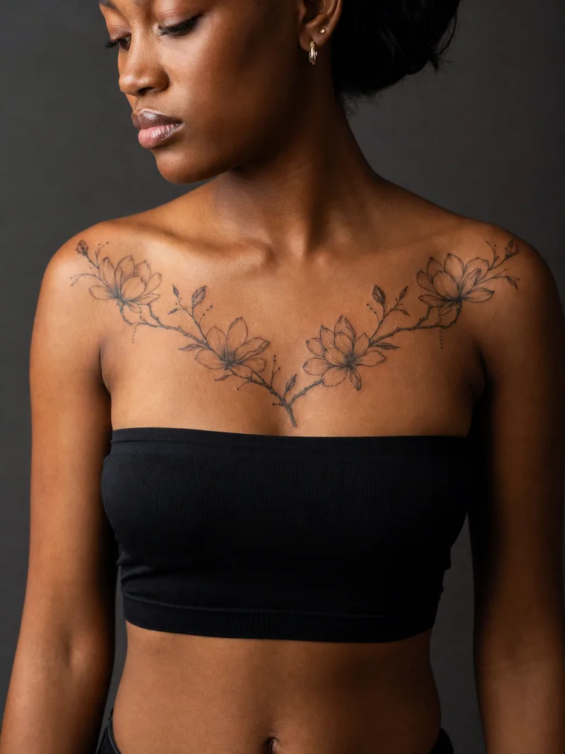 Magnolia collarbone tattoo - airy magnolia branches sweeping from shoulder to shoulder with open space at the centre