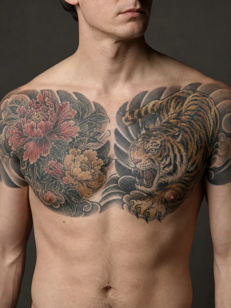 Tiger and peony chest tattoo - tiger, peonies and wind bars joined as a broad traditional chest panel