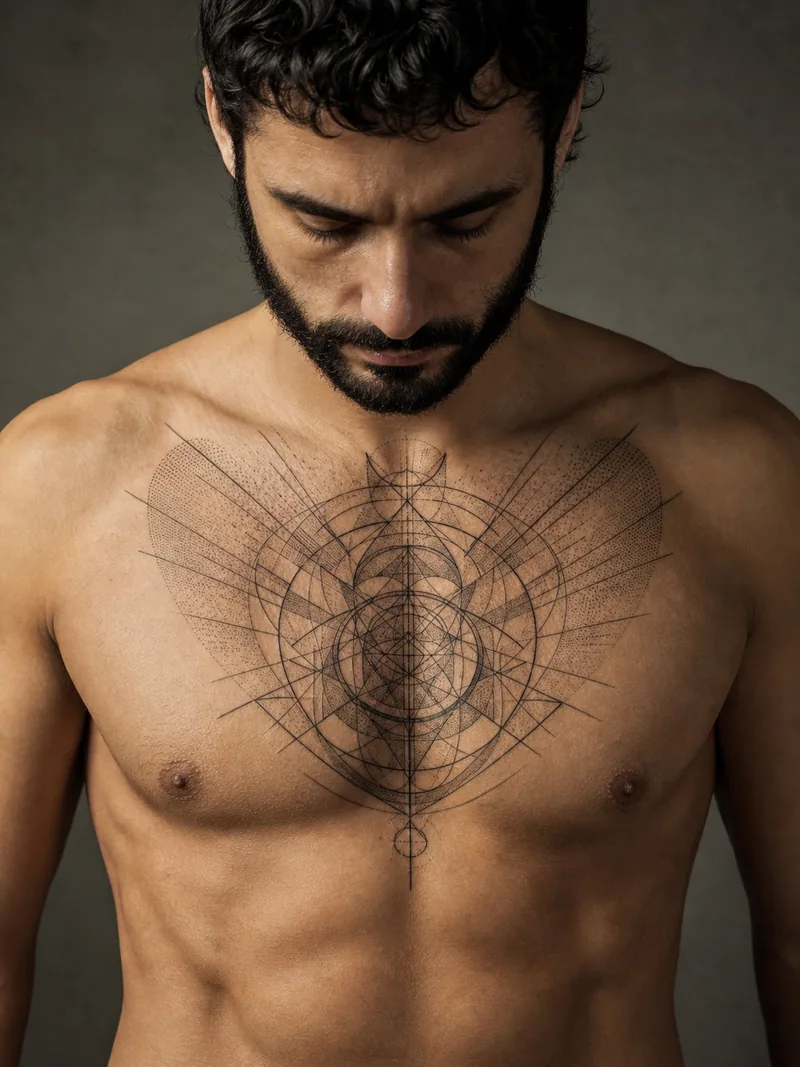 Geometric chest tattoo - layered circles, angular planes and dotwork radiating from the sternum