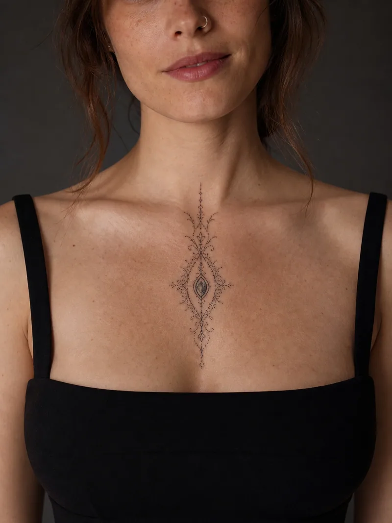 Ornamental sternum tattoo - narrow lace-like geometry with a small central jewel shape and fine dotwork