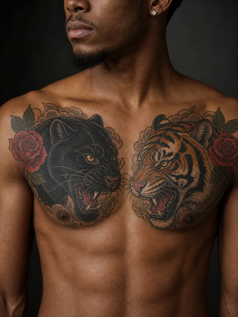 Panther and tiger chest tattoo - black panther and tawny tiger facing inward with red roses near the shoulders