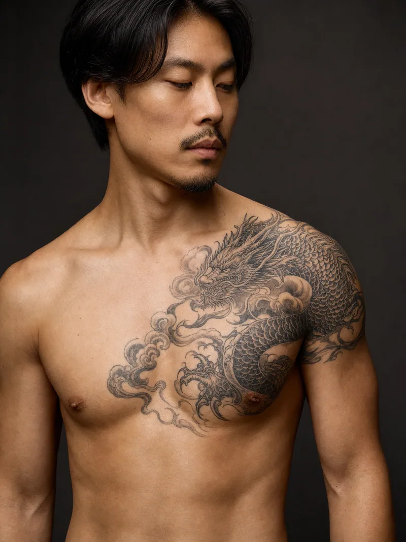 Dragon half chest tattoo - scaled dragon curling across one pectoral and shoulder through soft cloud shapes