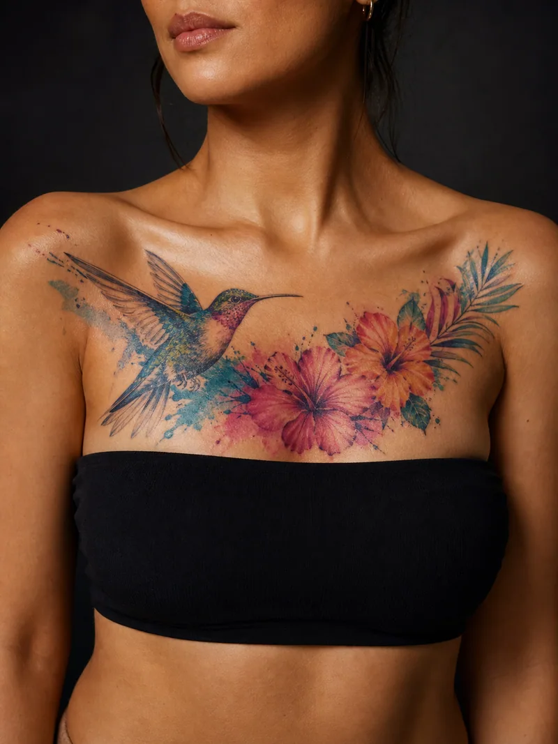 Watercolor hummingbird chest tattoo - hummingbird and tropical flowers sweeping diagonally across the collarbones