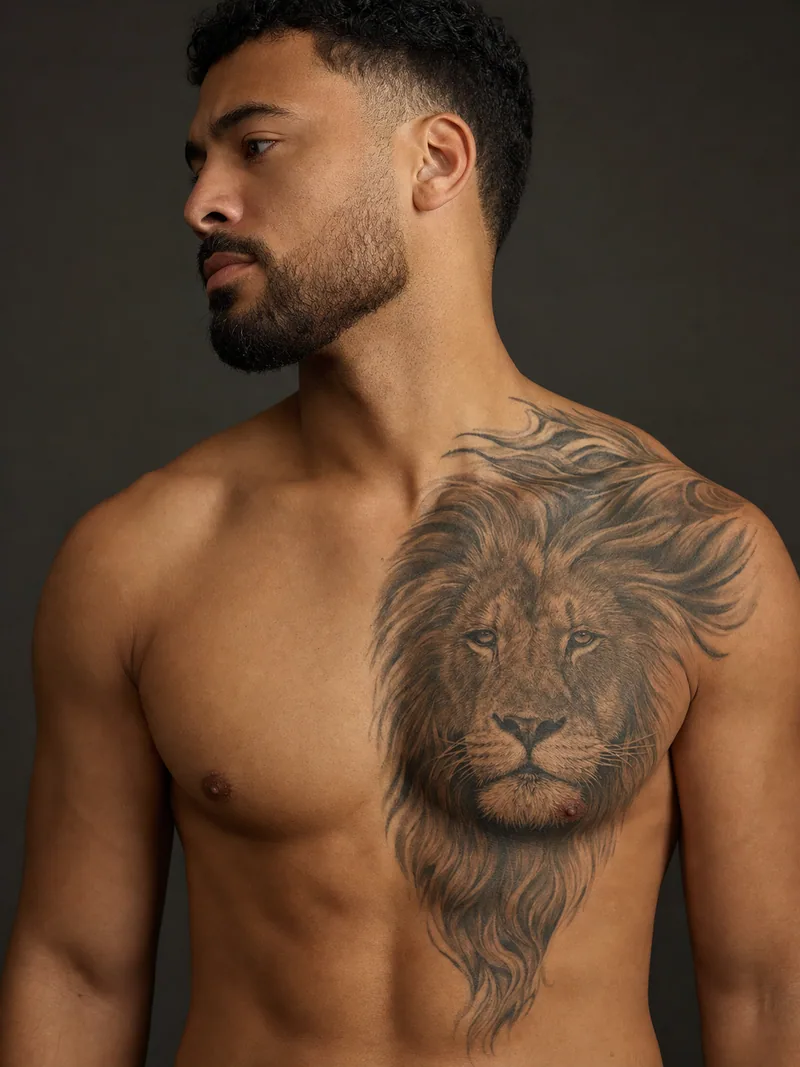 Lion half chest tattoo - lion portrait filling one pectoral with the mane tapering toward the sternum