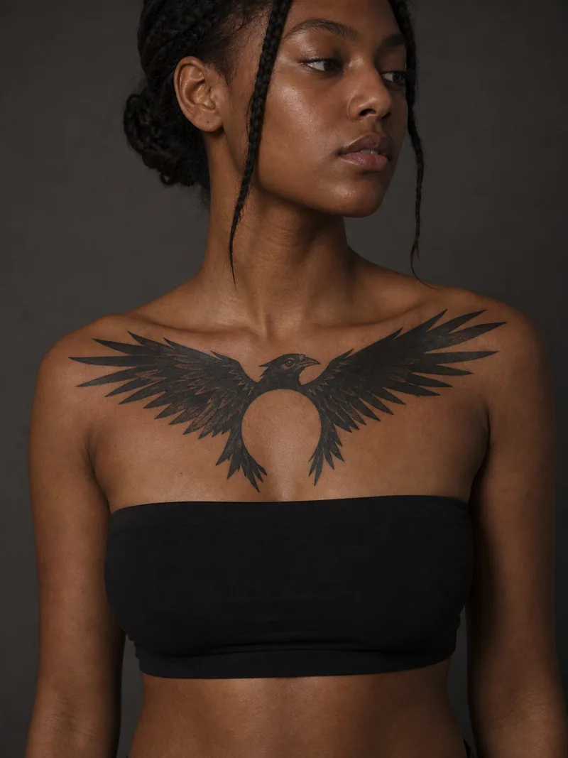 Raven collarbone tattoo - bold flying raven with angular wings and a crescent of negative space over the sternum