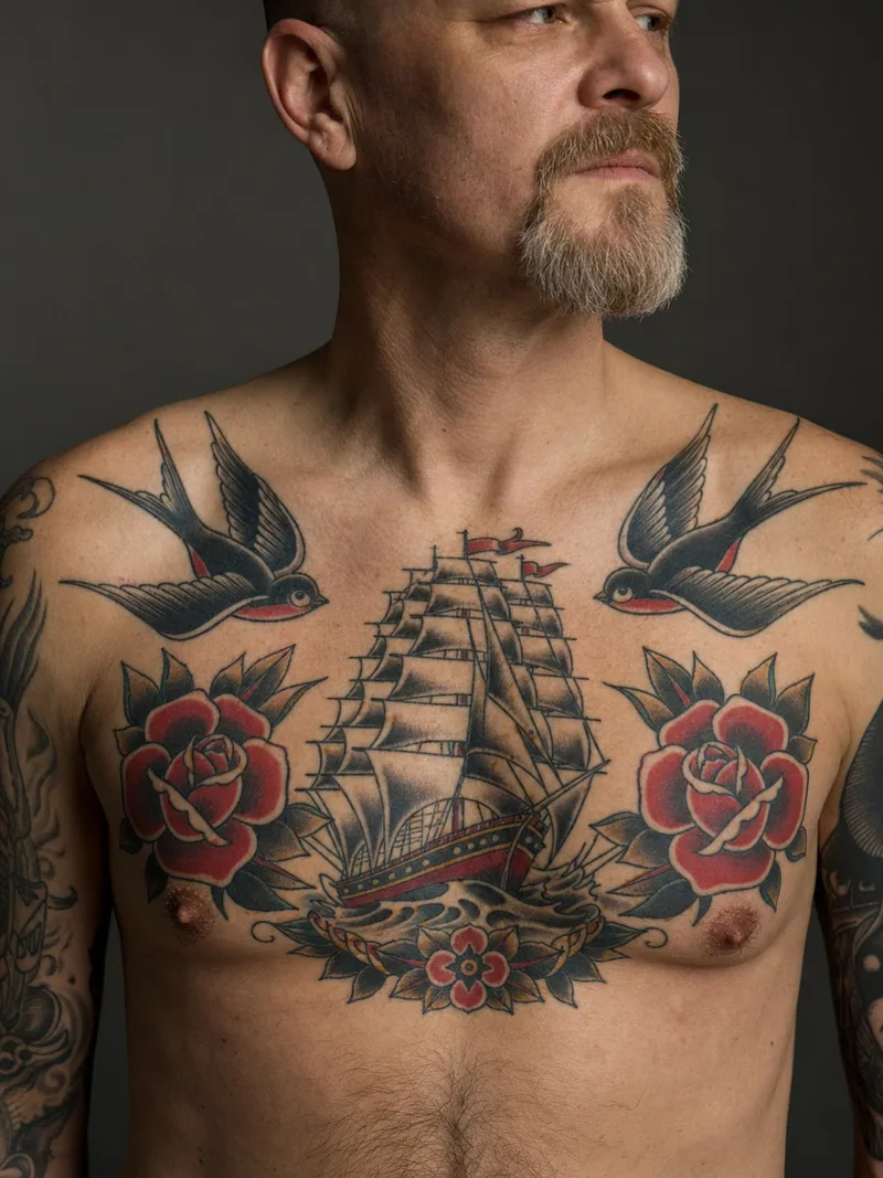 Traditional nautical chest tattoo - clipper ship, swallows and roses arranged as a classic full chest composition