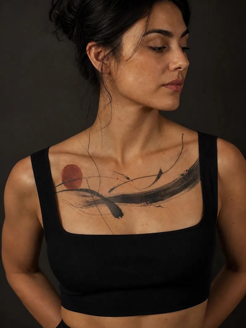 Abstract brushwork chest tattoo - sweeping brushstrokes, calligraphic lines and one restrained rust-red circle