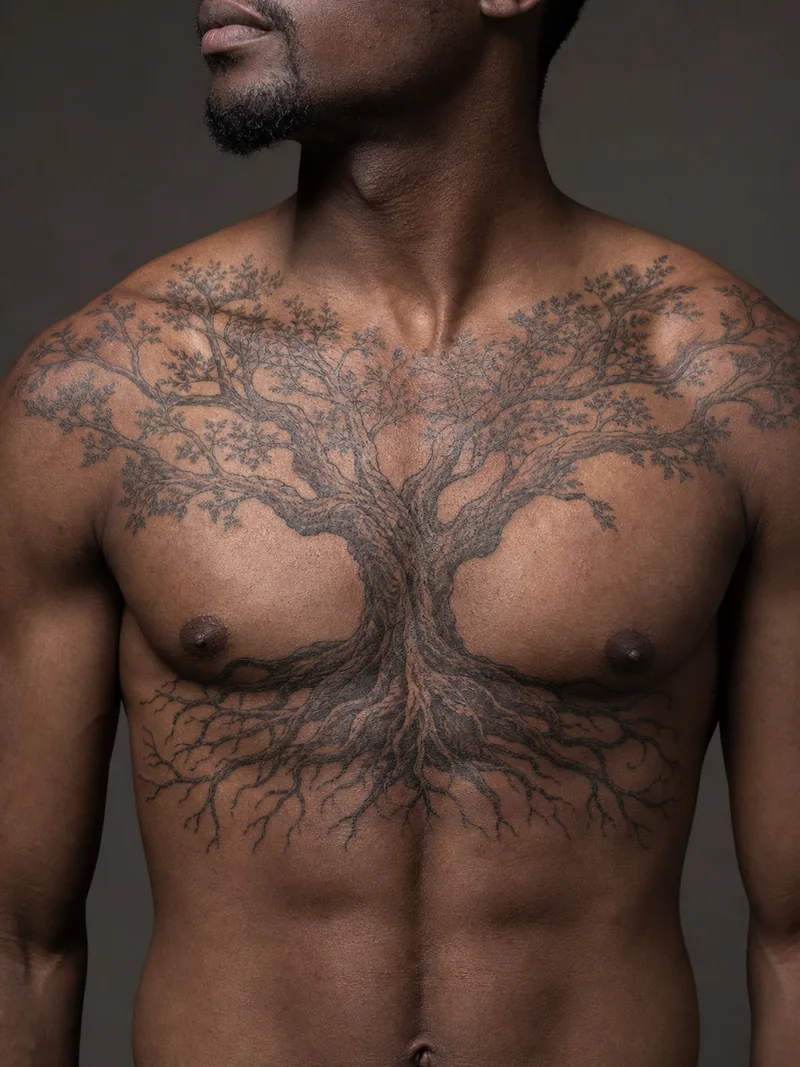 Oak tree chest tattoo - old oak growing from the sternum with roots below and branches following the collarbones