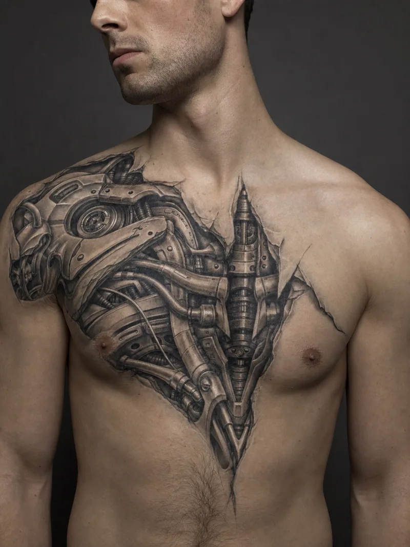 Biomechanical chest tattoo - imaginary machinery, cables and organic armour fitted across one pectoral