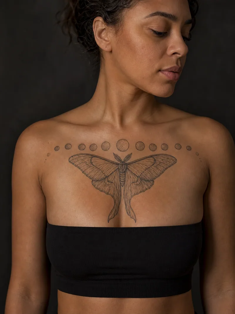 Luna moth sternum tattoo - symmetrical luna moth under the collarbones with a simple row of dotwork circles