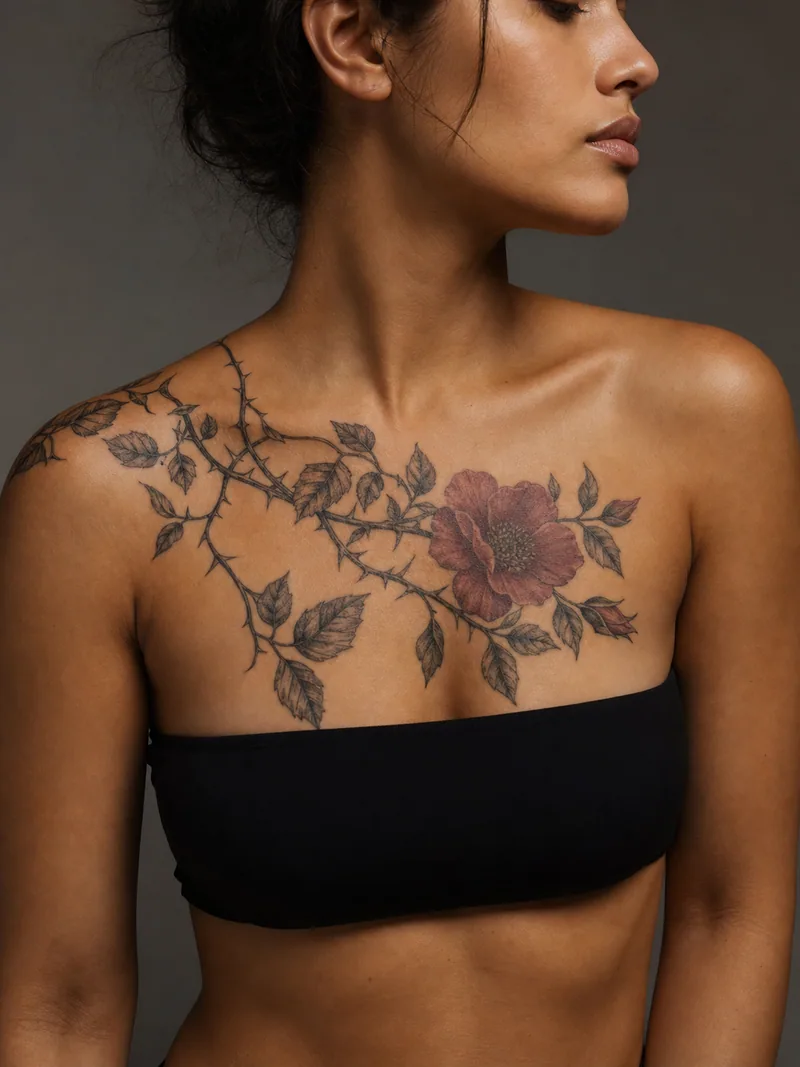 Wild rose collarbone tattoo - thorny wild rose branch sweeping asymmetrically from one shoulder across the chest
