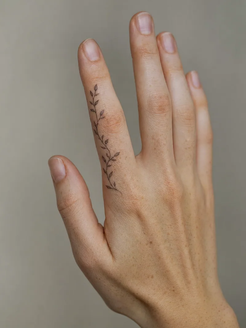 Fine line vine finger tattoo - tiny climbing vine following the side of the finger toward the knuckle