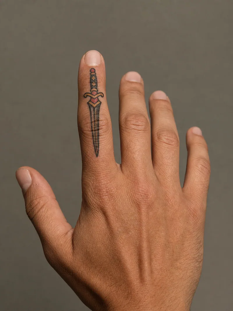 Dagger finger tattoo - miniature traditional dagger fitted vertically between the joints