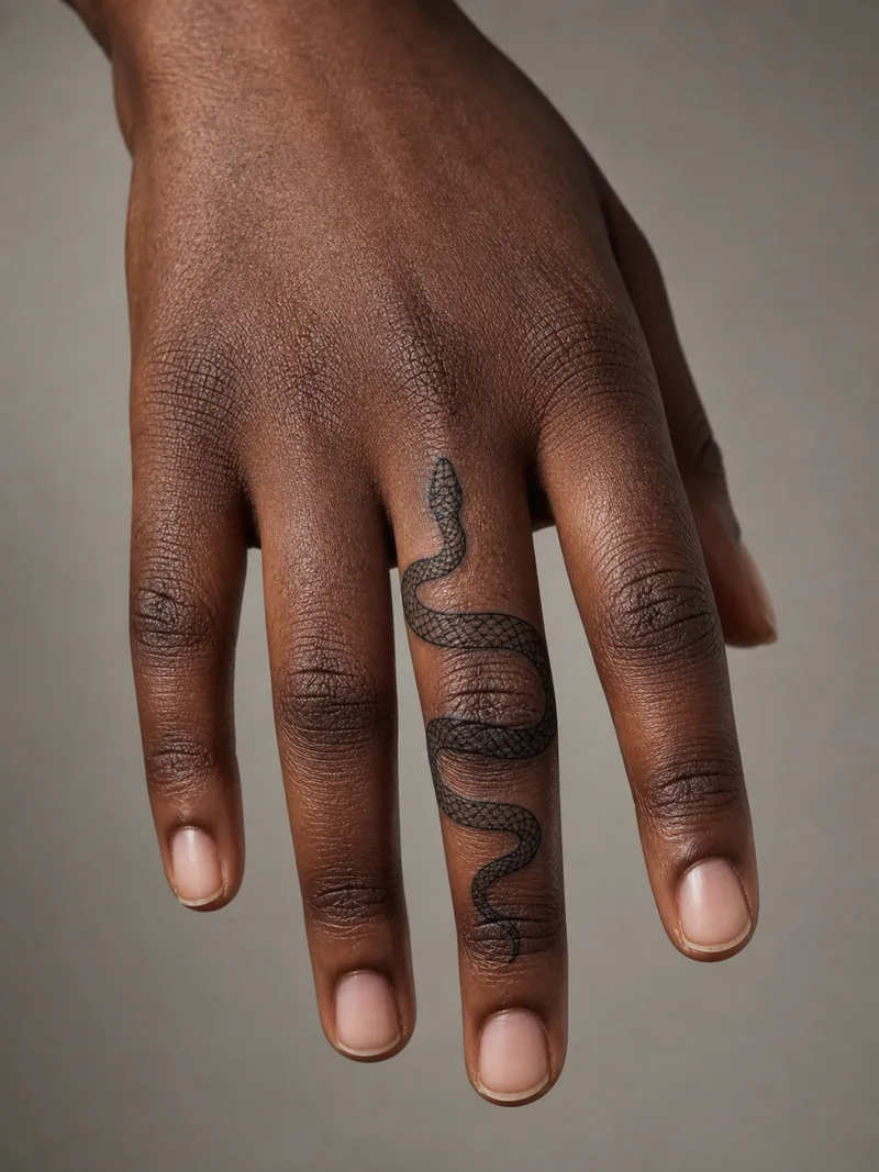 Snake finger tattoo - small scaled snake winding naturally around the length of one finger