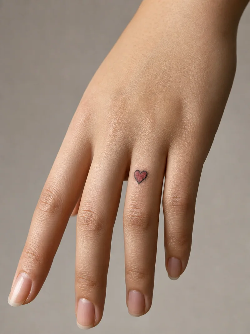 Small heart finger tattoo - tiny red heart with a soft black edge placed above the lower joint