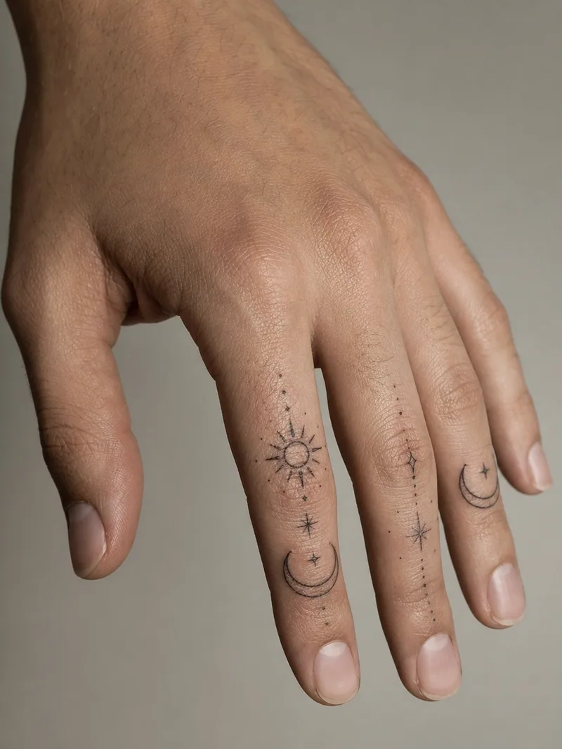 Geometric finger tattoos - sun, crescent and diamond motifs joined by precise dots and fine lines